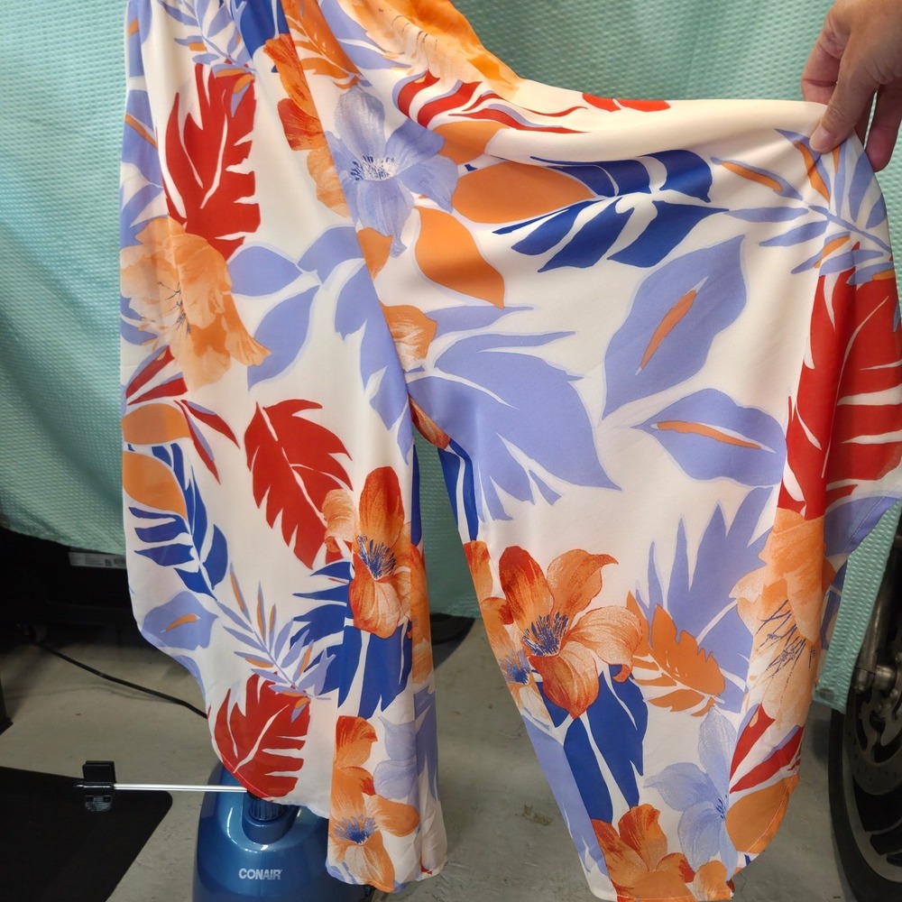 Floral Jumpsuit Women Small Orange Blue Smocked Waist Coastal‎ Beachy